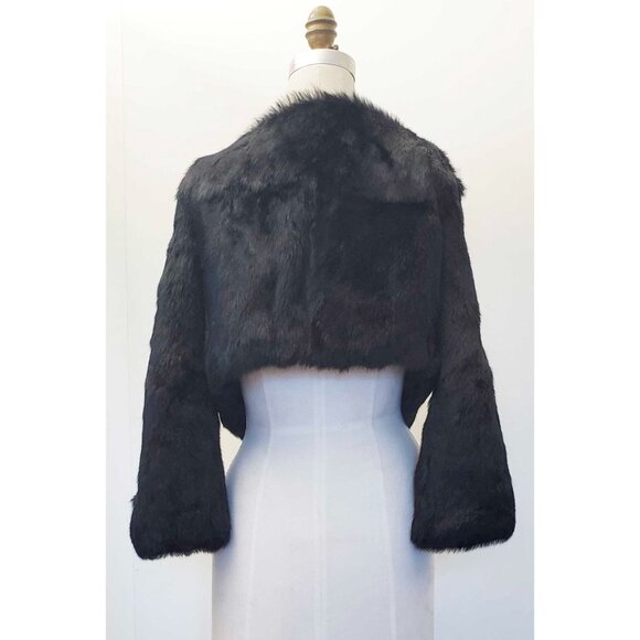 Vintage Y2K BEBE Black 100% Rabbit Fur Silk Bow Crop Bolero Shawl Jacket S - Picture 6 of 10